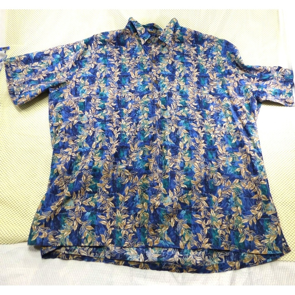 Hilo Hattie Mens Hawaiian Shirt 2XL Blue Gold Leaf Print Short Sleeve Cotton